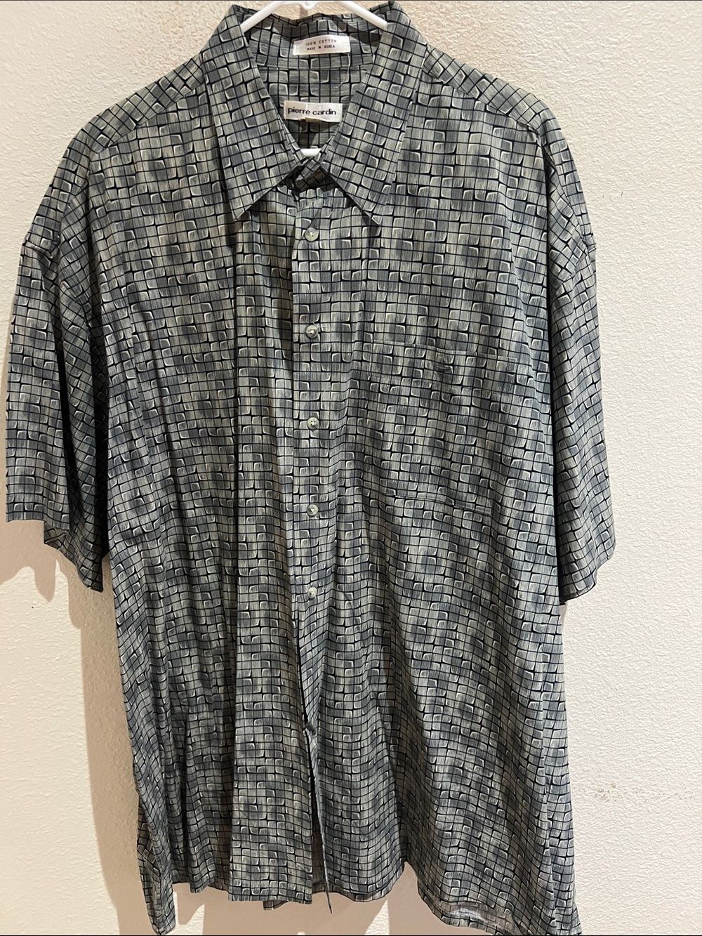 Pierre Cardin Short-Sleeve Button-Down Shirt in Green Grid Print